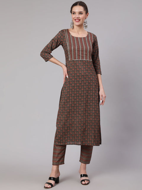 Women Taupe Ethnic Printed Straight Kurta With Trouser