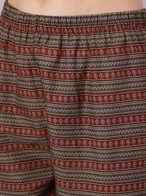 Women Taupe Ethnic Printed Straight Kurta With Trouser