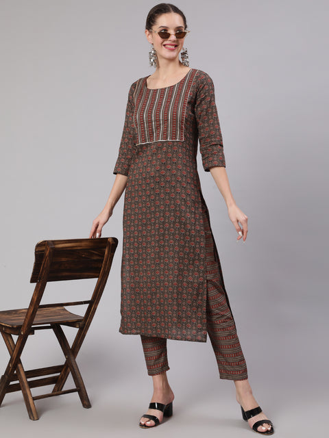 Women Taupe Ethnic Printed Straight Kurta With Trouser
