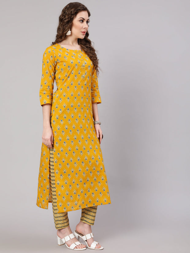 Women Mustard Printed Straight Kurta With Trouser