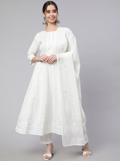 Women Off White Ethnic Printed Kurta With Palazzo And Dupatta
