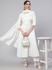 Women Off White Ethnic Printed Kurta With Palazzo And Dupatta