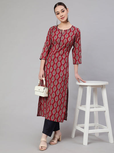 Women Maroon Ethnic Printed Straight Kurta With Trouser