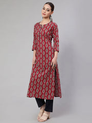 Women Maroon Ethnic Printed Straight Kurta With Trouser