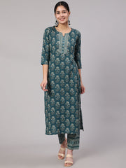 Women Teal Blue Printed Straight Kurta With Trouser