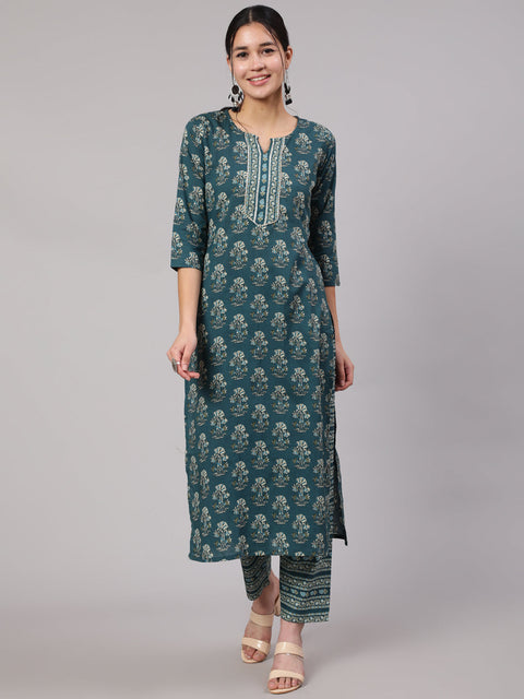 Women Teal Blue Printed Straight Kurta With Trouser