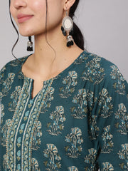 Women Teal Blue Printed Straight Kurta With Trouser
