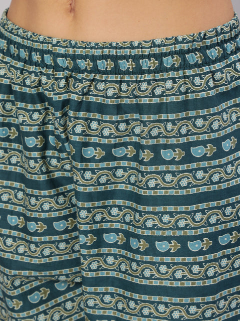 Women Teal Blue Printed Straight Kurta With Trouser