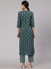 Women Teal Blue Printed Straight Kurta With Trouser