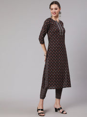 Women Black Ethnic Printed Straight Kurta With Trouser