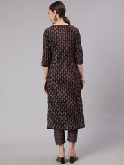 Women Black Ethnic Printed Straight Kurta With Trouser
