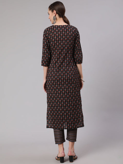 Women Black Ethnic Printed Straight Kurta With Trouser