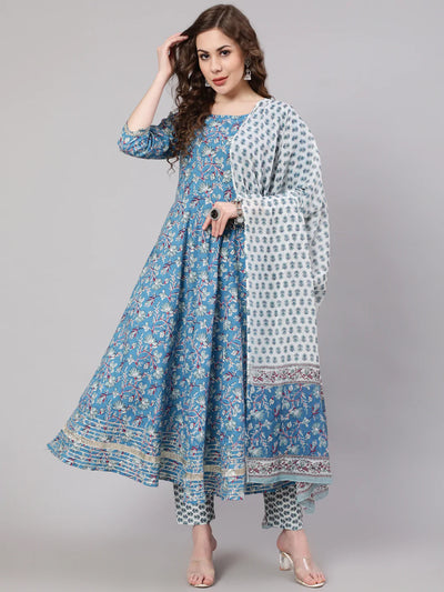 Women Blue Printed Anarkali Kurta With Trouser And Dupatta