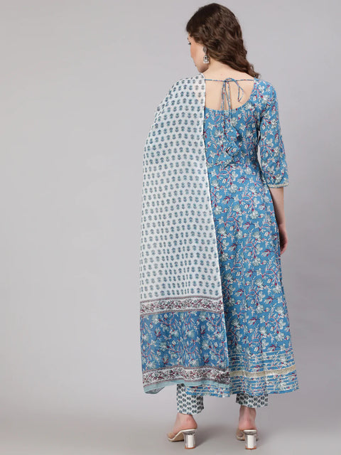 Women Blue Printed Anarkali Kurta With Trouser And Dupatta