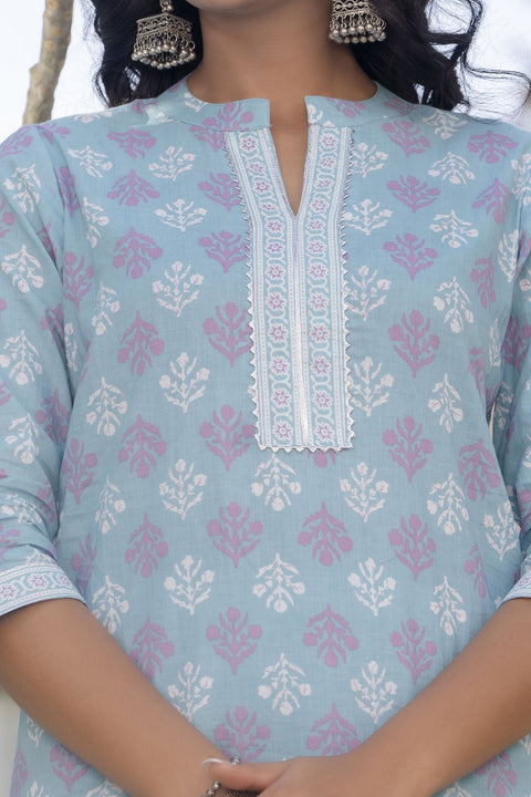 Women Sky Blue Printed Straight Kurta With Trouser