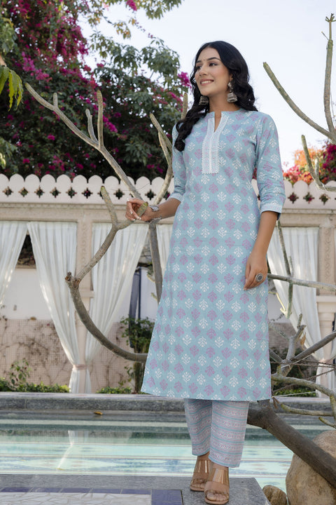 Women Sky Blue Printed Straight Kurta With Trouser