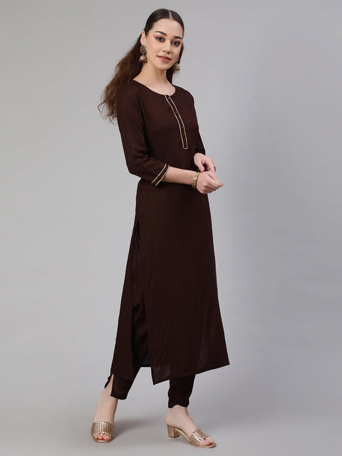 Women Dark Brown Straight Kurta With Palazzo And Art Silk Dupatta