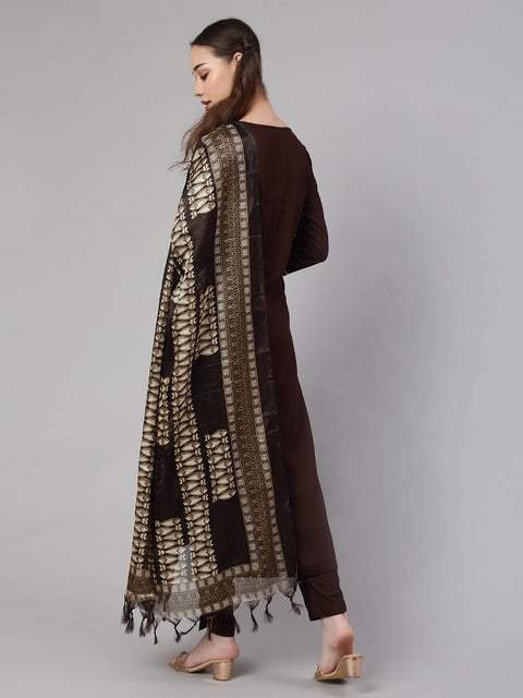 Women Dark Brown Straight Kurta With Palazzo And Art Silk Dupatta