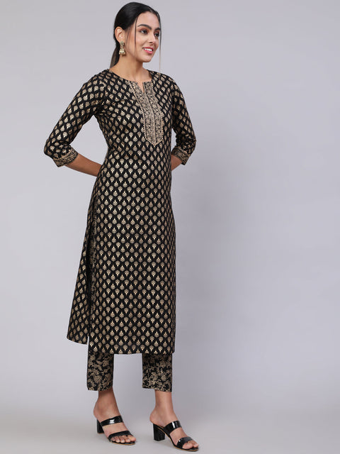 Women Black Ethnic Printed Kurta With Palazzo And Dupatta