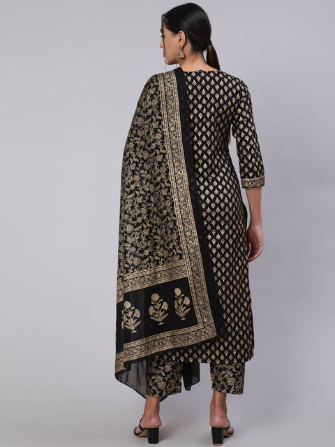 Women Black Ethnic Printed Kurta With Palazzo And Dupatta