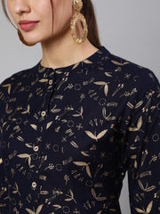 Women Navy Blue Ethnic Printed Straight Kurta With Trouser