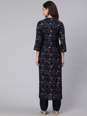 Women Navy Blue Ethnic Printed Straight Kurta With Trouser