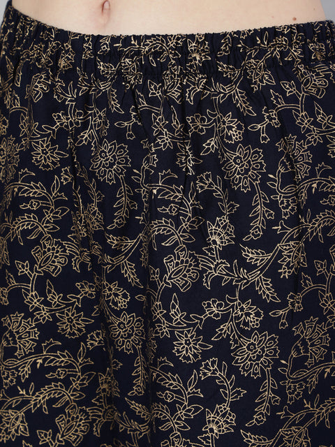 Women Navy Blue Ethnic Printed Kurta With Palazzo And Dupatta