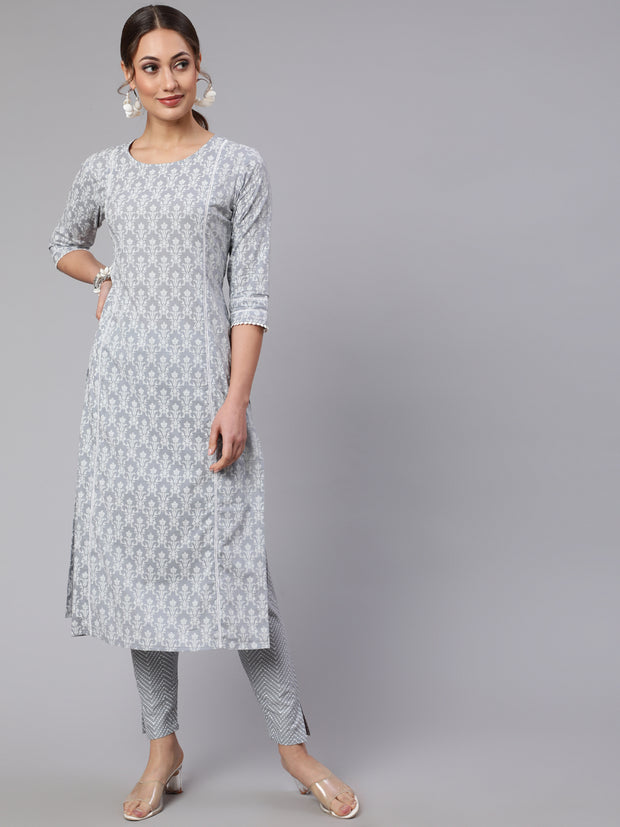 Women Grey Ethnic Printed Straight Kurta With Trouser