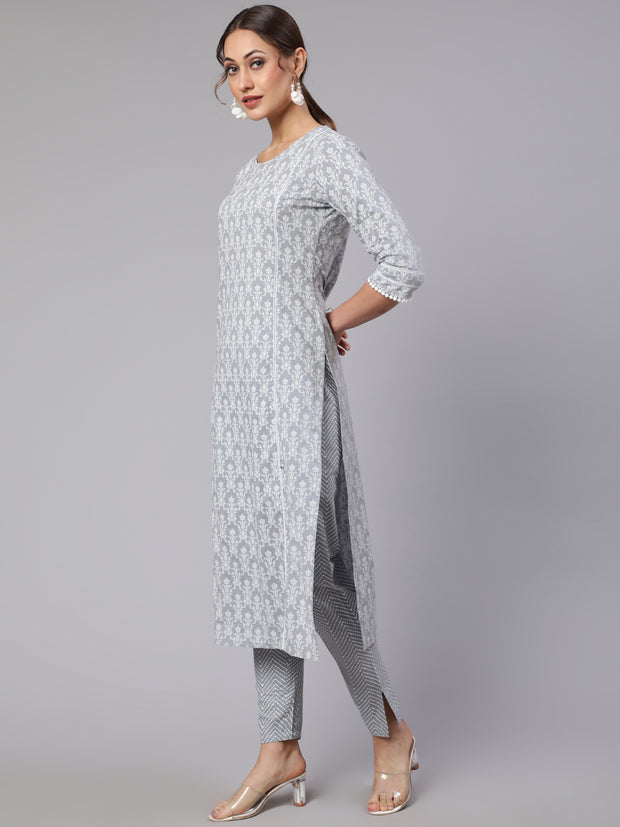 Women Grey Ethnic Printed Straight Kurta With Trouser