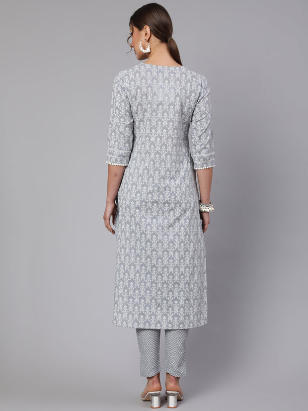 Women Grey Ethnic Printed Straight Kurta With Trouser