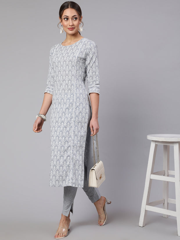 Women Grey Ethnic Printed Straight Kurta With Trouser