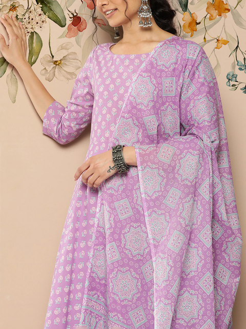 Women Lavender Ethnic Printed Kurta With Trouser And Dupatta