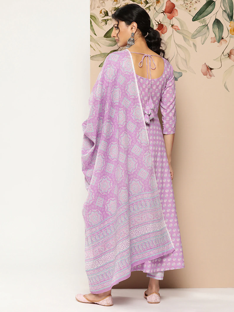 Women Lavender Ethnic Printed Kurta With Trouser And Dupatta