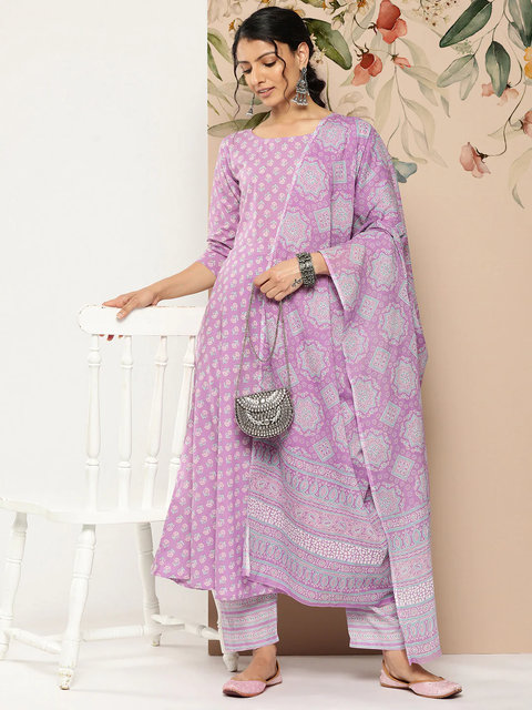 Women Lavender Ethnic Printed Kurta With Trouser And Dupatta