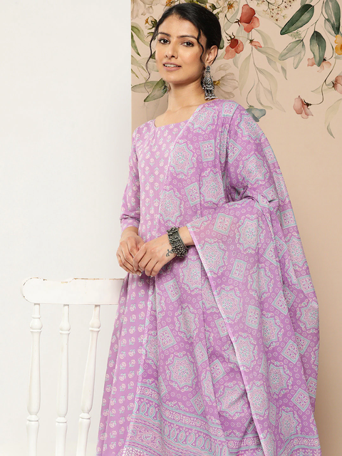 Women Lavender Ethnic Printed Kurta With Trouser And Dupatta