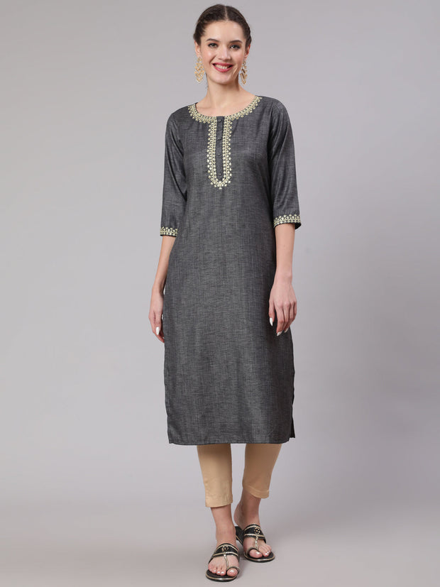 Women Grey Embridered Straight Kurta With Three Quarter Sleeves