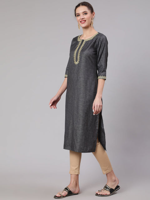 Women Grey Embridered Straight Kurta With Three Quarter Sleeves