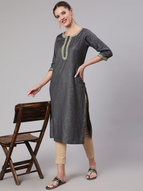 Women Grey Embridered Straight Kurta With Three Quarter Sleeves