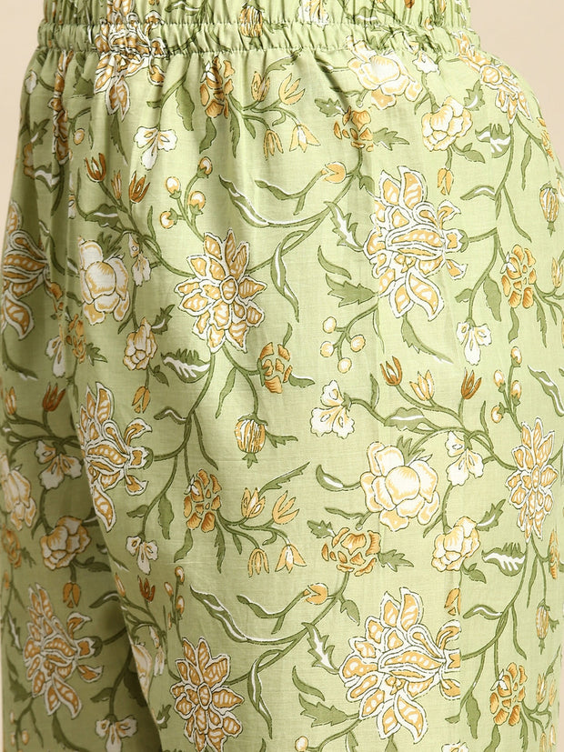 Women Green Floral Printed Anarkali Kurta With Trouser And Dupatta