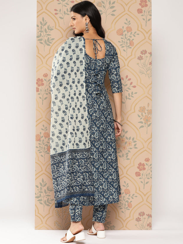 Women Blue Ethnic Printed Anarkali Kurta With Trouser And Dupatta
