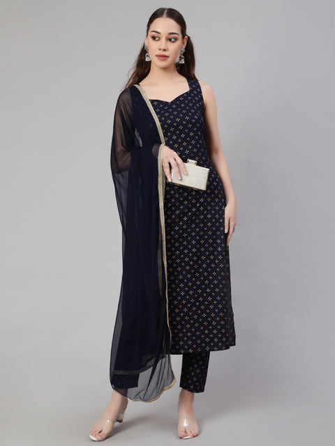 Women Navy Blue Ethnic Printed Sleeveless Kurta With Trouser And Dupatta