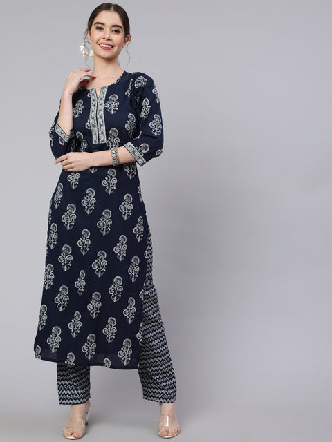 Women Navy Blue Ethnic Printed Straight Kurta With Trouser