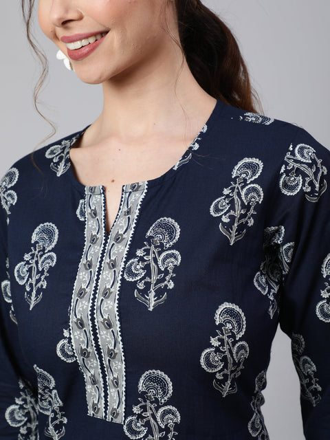 Women Navy Blue Ethnic Printed Straight Kurta With Trouser