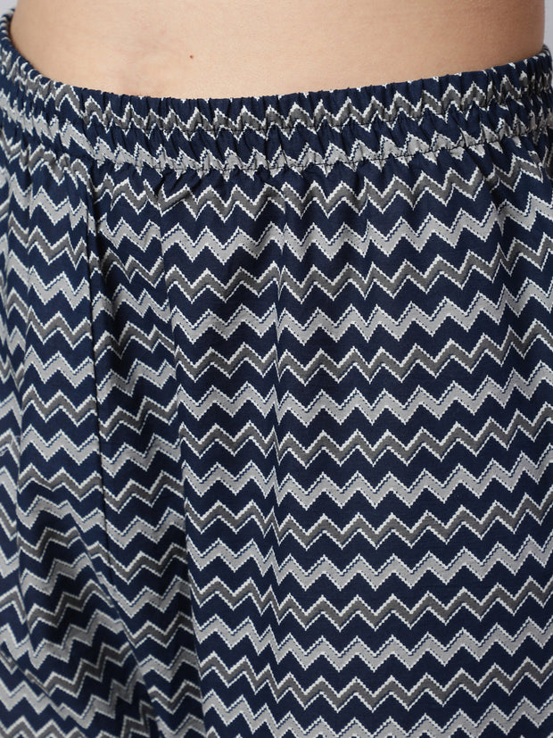Women Navy Blue Ethnic Printed Straight Kurta With Trouser