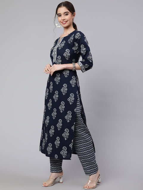 Women Navy Blue Ethnic Printed Straight Kurta With Trouser