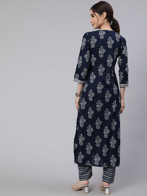 Women Navy Blue Ethnic Printed Straight Kurta With Trouser