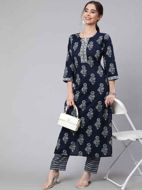 Women Navy Blue Ethnic Printed Straight Kurta With Trouser