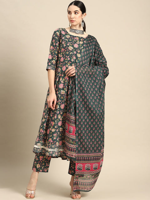 Women Green & Pink Floral Anarkali Kurta With Trouser And Dupatta