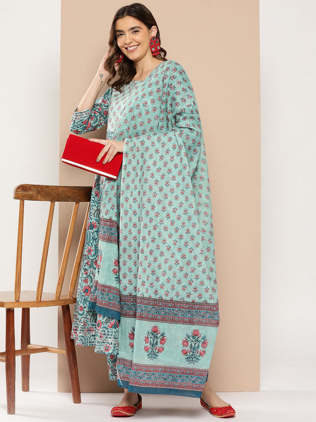 Women Sea Green Printed Flared Kurta And Trouser With Dupatta