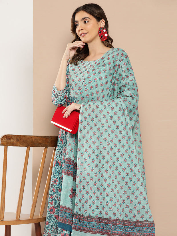 Women Sea Green Printed Flared Kurta And Trouser With Dupatta